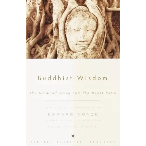 Book cover of Buddhist Wisdom: The Diamond Sutra and The Heart Sutra by Edward Conze: Buddha face entwined in ancient tree roots, earthy tones, Vintage Spiritual Classics edition