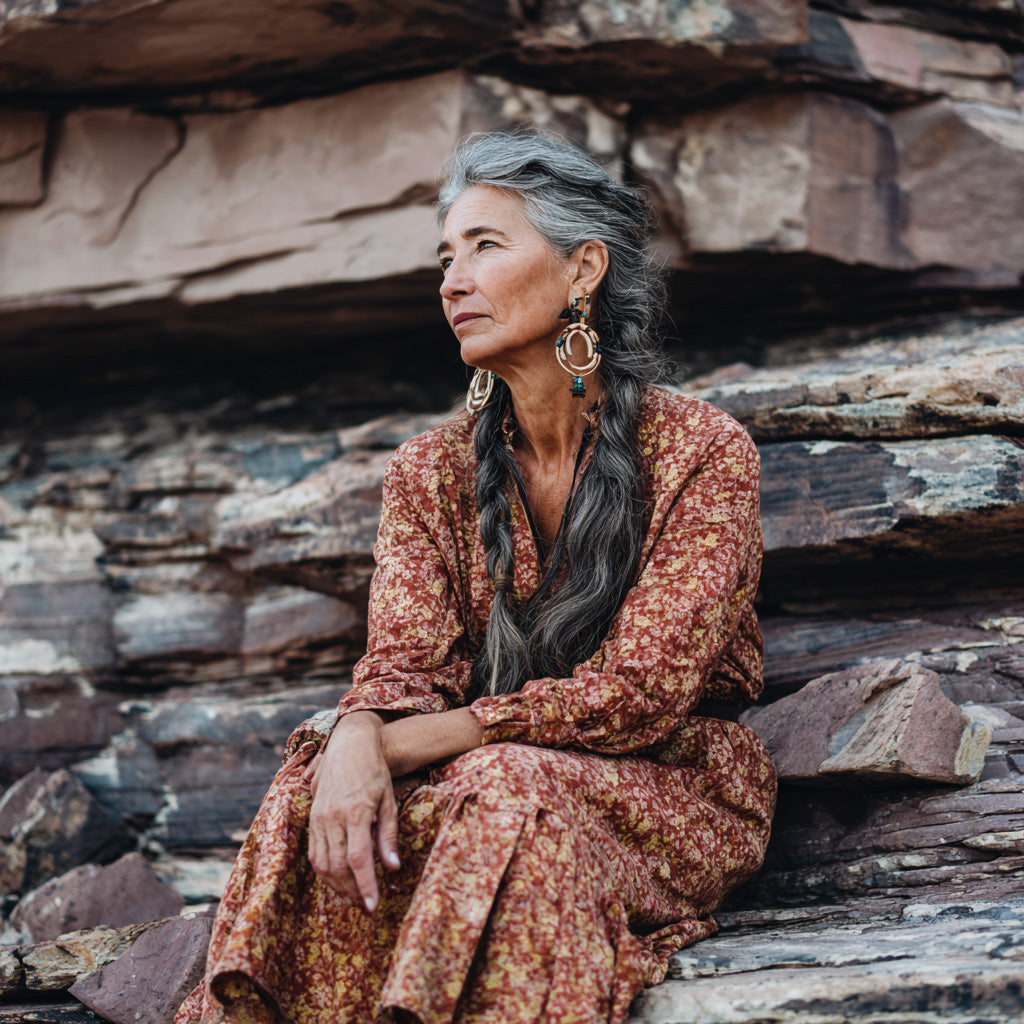 Contemplative elder woman with braided gray hair reflecting on ancestral wisdom amid rocky landscape, embodying inner peace and cultural roots