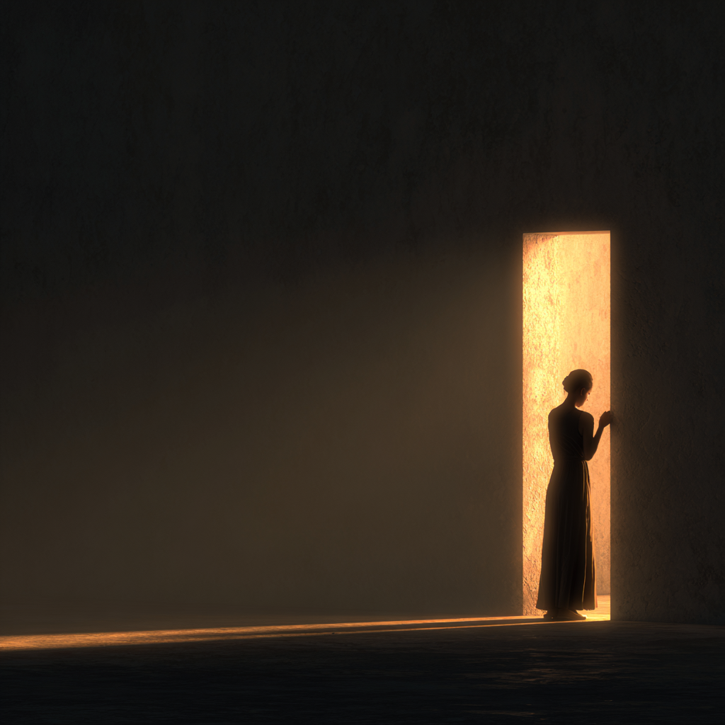 Silhouette of person standing at threshold of illuminated doorway in vast darkness, hand reaching toward light, representing the journey from disconnection to embodiment and the homecoming to wholeness
