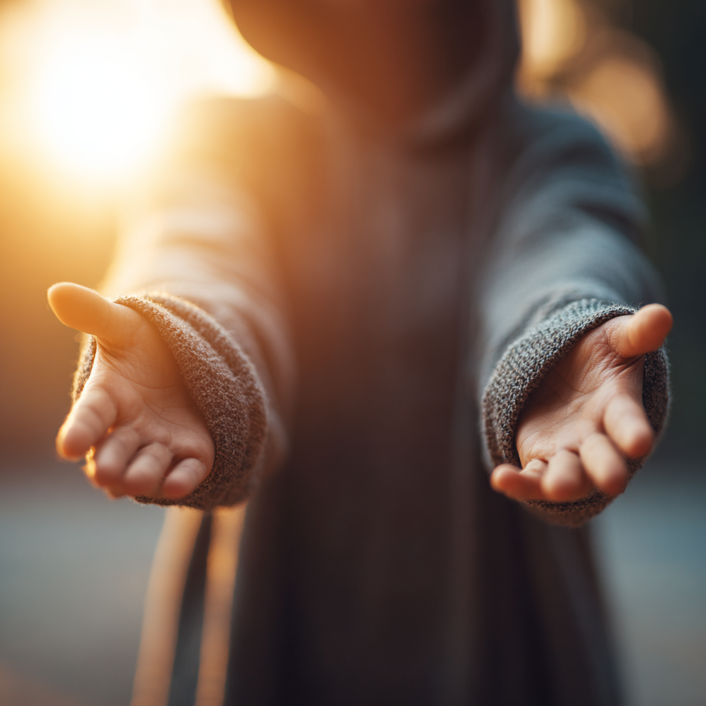 Hands reaching forward with open palms in offering and receptivity, soft warm light, embodying vulnerability and the possibility of relational healing after trauma