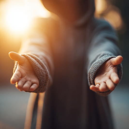 Hands reaching forward with open palms in offering and receptivity, soft warm light, embodying vulnerability and the possibility of relational healing after trauma