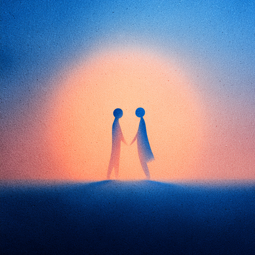 Two abstract figures holding hands at sunrise symbolizing healing connection and love in trauma recovery from The Body Keeps the Score Chapter 9