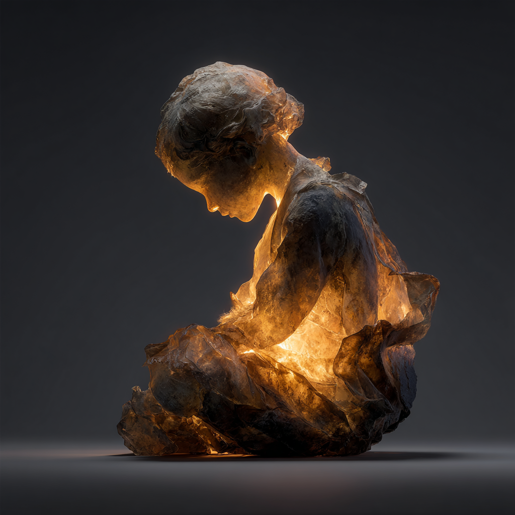 Translucent sculpture of kneeling figure with golden light emerging from within, symbolizing the journey from relational trauma toward healing while still honoring grief