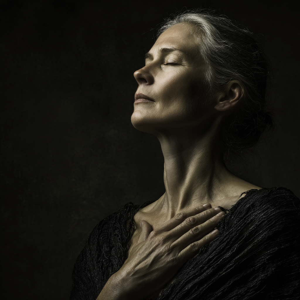 Woman with hand on heart in contemplative pose, representing embodied healing and somatic awareness from The Body Keeps the Score Chapter 2