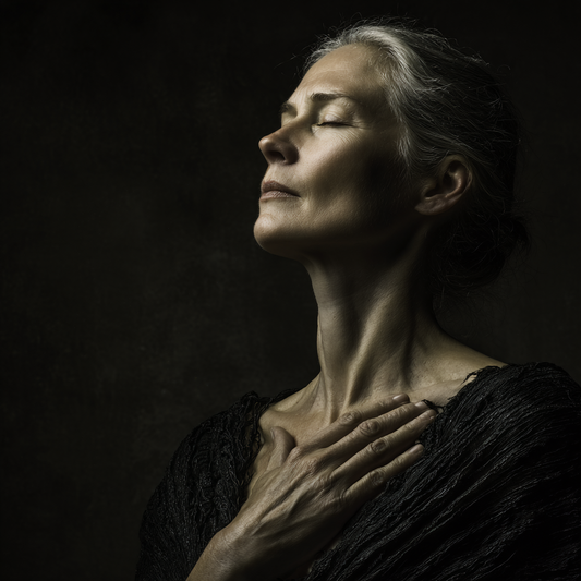 Woman with hand on heart in contemplative pose, representing embodied healing and somatic awareness from The Body Keeps the Score Chapter 2
