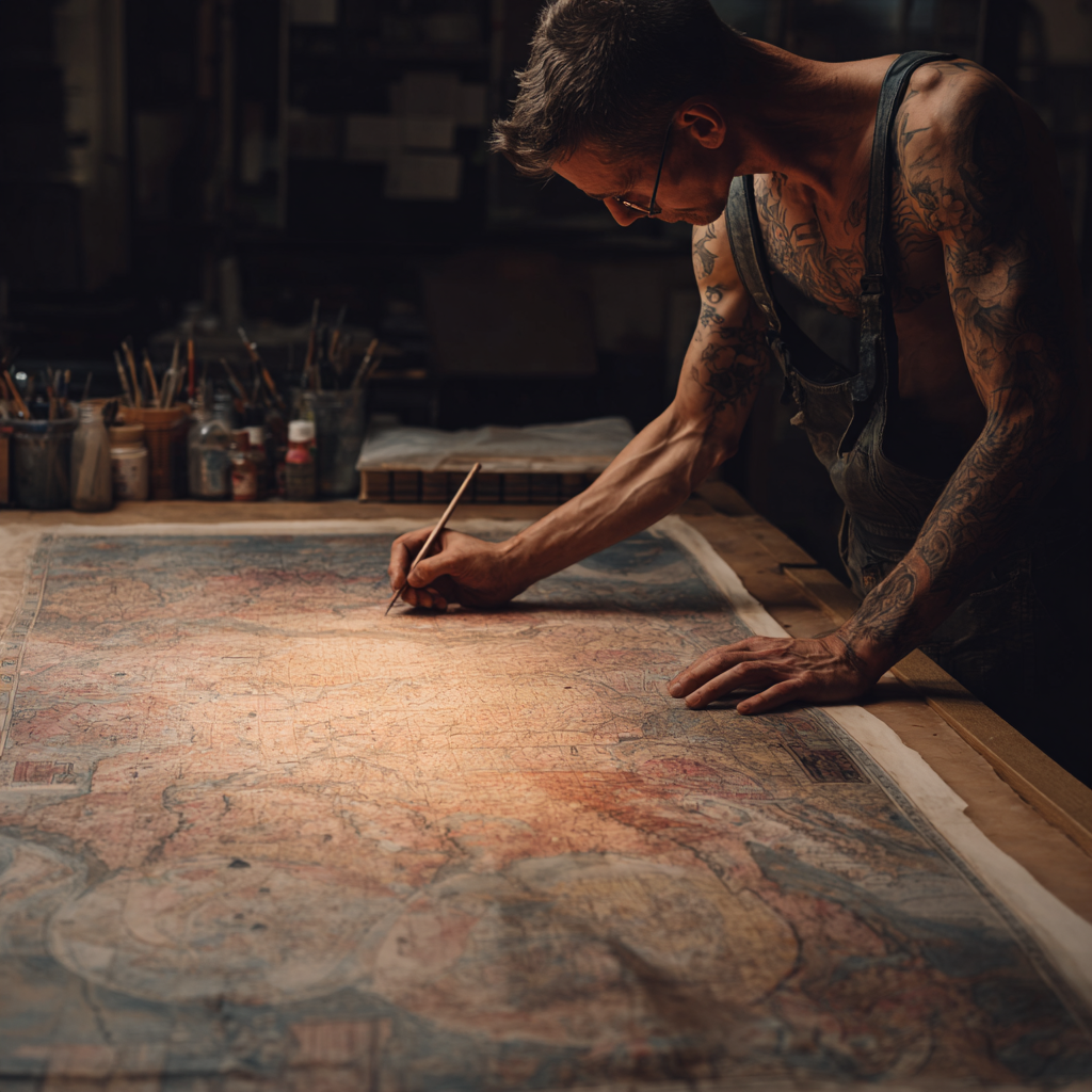 Artist leaning over work surface with focused hands creating, representing embodied action and the body's active role in completing survival responses and trauma healing
