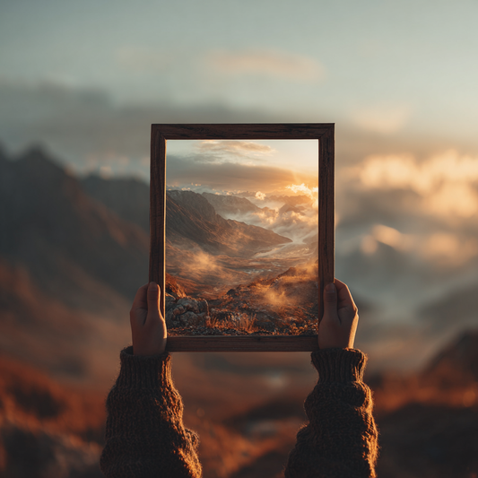 Hands holding wooden frame containing mountain landscape at golden hour, witnessing terrain through intentional framing, representing the work of observing suffering's architecture to discover the path of return