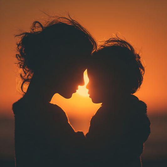 Silhouette of caregiver and child with foreheads gently touching against warm golden sunset, embodying attachment, attunement, and the relational foundation of safety and healing