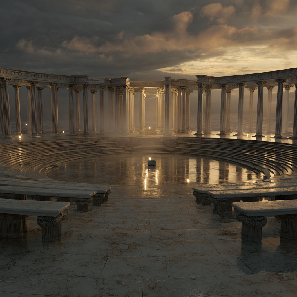 Ancient marble forum at twilight shrouded in golden mist, empty stone benches forming a circle of debate, faint glowing Platonic ideals floating above columns, symbolizing the search for the just city, serene contemplative grandeur