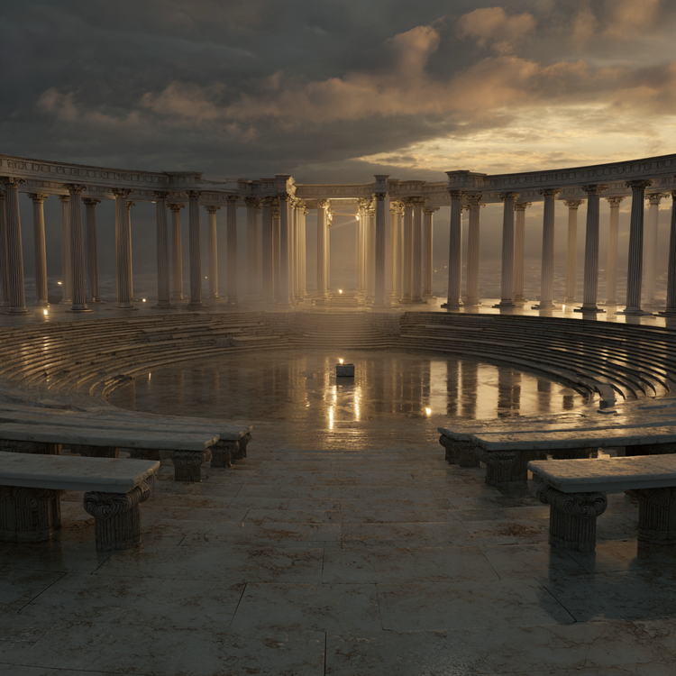 Ancient marble forum at twilight shrouded in golden mist, empty stone benches forming a circle of debate, faint glowing Platonic ideals floating above columns, symbolizing the search for the just city, serene contemplative grandeur
