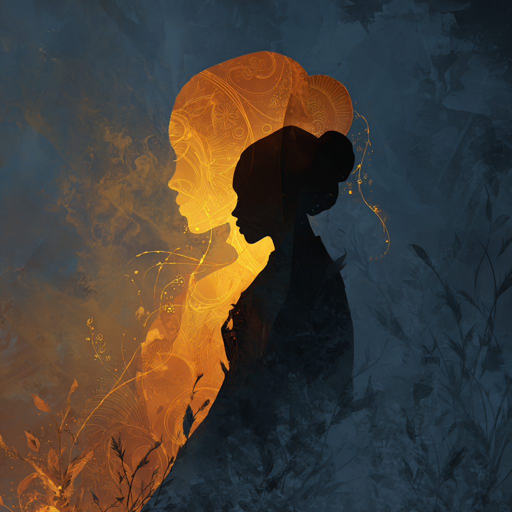 Radiant woman embracing her shadow self, golden light merging the two into wholeness, relational depth, and empowered intuition blooming around, soft amber glow against cool twilight, evocative of feminine integration and power