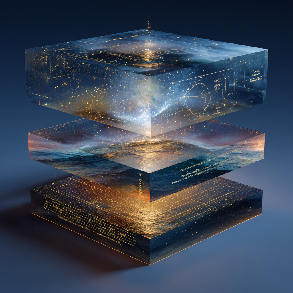 Infinite regress of nested transparent screens showing layered realities—phenomenological brackets, algorithmic biases, long-termist horizons—each layer refining toward ethical clarity, crystalline and mystical in cosmic blues with golden dawn accents