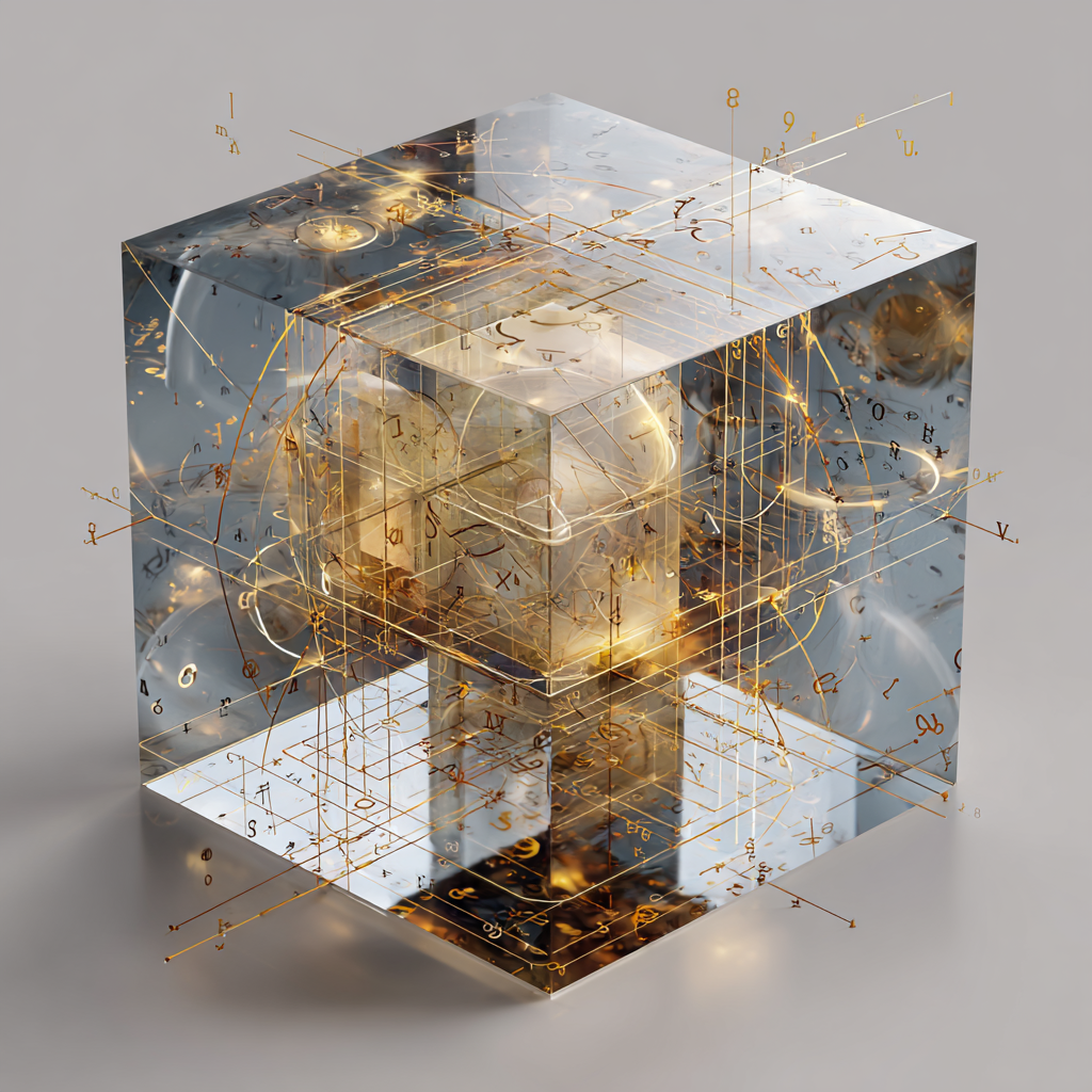 Floating transparent cube containing a puzzle of interlocking concepts (analytic/synthetic, a priori), edges shimmering with mathematical symbols, Quine-inspired web of belief subtly in background, cool geometric minimalism with golden threads
