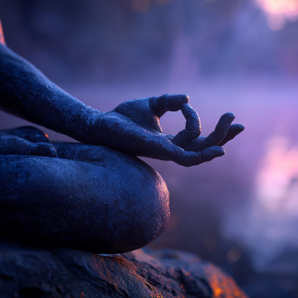 Close-up of dhyana mudra in soft twilight, gentle purple-blue dusk light illuminating hands and subtle thumb circle, faint mist in background, evocative contemplative depth, cool indigo and warm golden edge