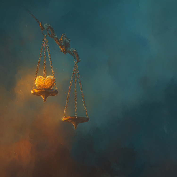 Golden scales of justice hovering in soft ethereal mist, one side holding a glowing heart of virtue, the other a shadowy chain of consequences, balanced yet tense, deep indigo background with warm amber light, contemplative moral equilibrium