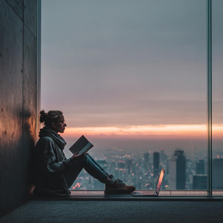 Woman reading contemplative book by modern apartment window at sunset with city skyline, laptop closed beside her, finding mindful solitude in urban life
