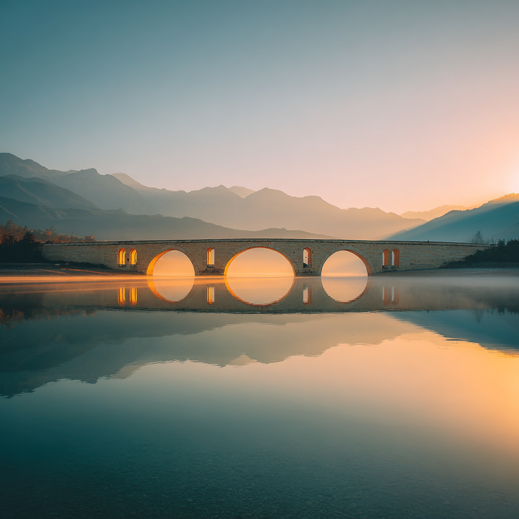 Elegant arched bridge of pale stone over mirror-still lake at sunrise, golden rays touching bridge and perfect symmetrical reflection, distant misty mountains in soft focus, evocative of unity, light, and shared transcendence