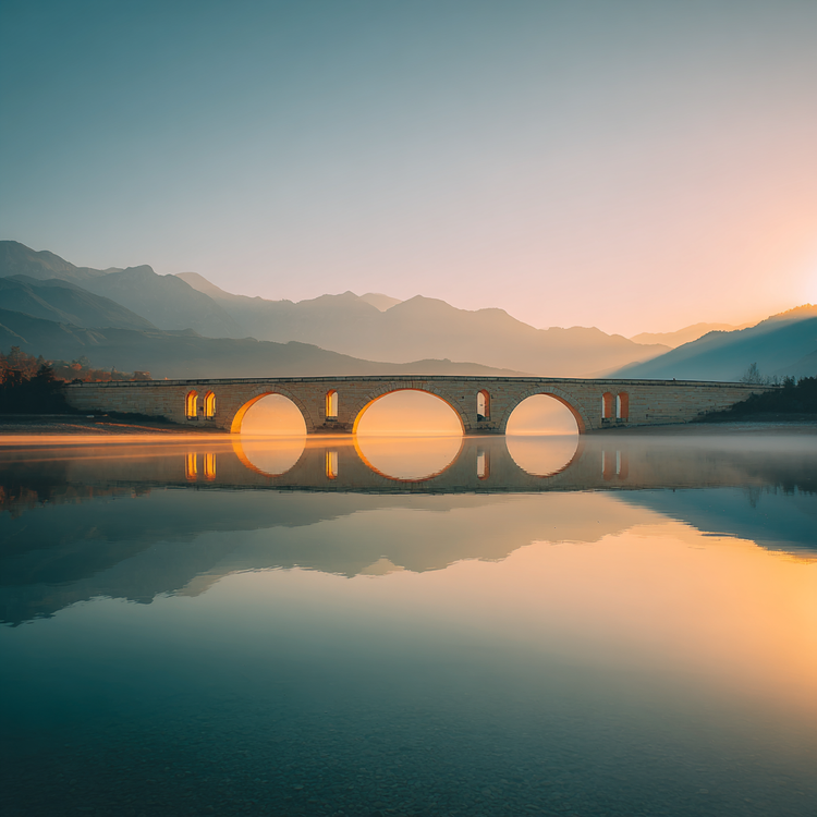 Elegant arched bridge of pale stone over mirror-still lake at sunrise, golden rays touching bridge and perfect symmetrical reflection, distant misty mountains in soft focus, evocative of unity, light, and shared transcendence