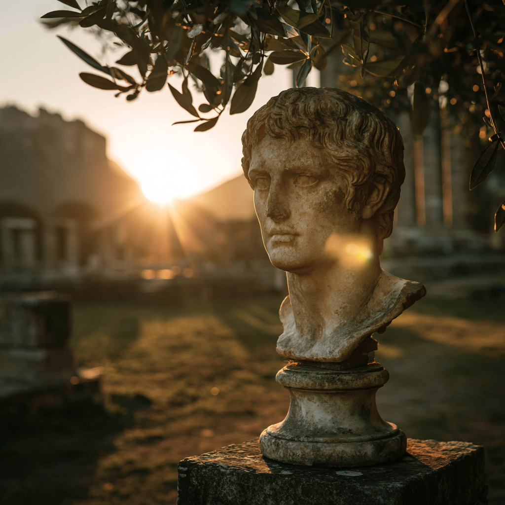 Marble bust of ancient Greek figure on simple column base at sunrise, golden rays piercing through olive leaves to illuminate serene expression, distant temple ruins in soft focus, timeless reverent peace, warm gold and cool gray stone