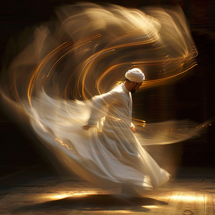 Sufi whirling dervish in white robes performing sema, dramatic motion blur, spiritual transcendence, golden light streaming from above, mystical ecstasy, divine love and union, ethereal atmosphere, contemplative and sacred mood, soft shadows