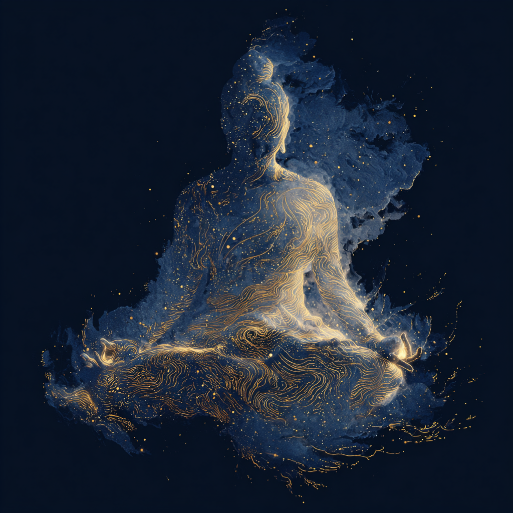 Ethereal silhouette of a meditating figure dissolving into swirling cosmic patterns of stars, yin-yang duality, and faint Sanskrit/Hanzi script, deep indigo and luminous gold, surreal dreamlike contemplation of non-self and ultimate reality