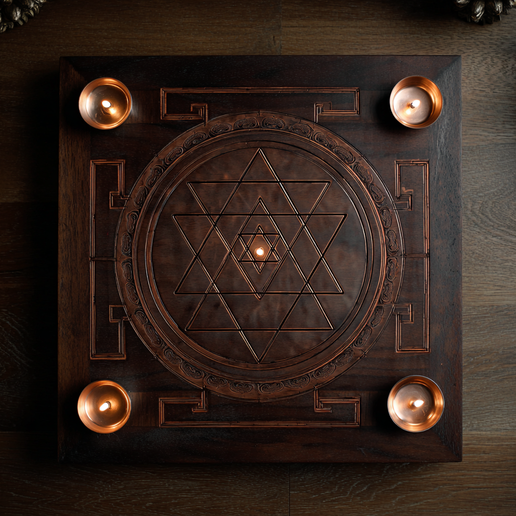 Classic Sri Yantra in burnished copper on dark teak wood, surrounded by gentle circle of small ghee lamps, warm golden flame light reflecting on intersecting triangles and bindu, timeless contemplative depth, copper, teak, and rich amber glow