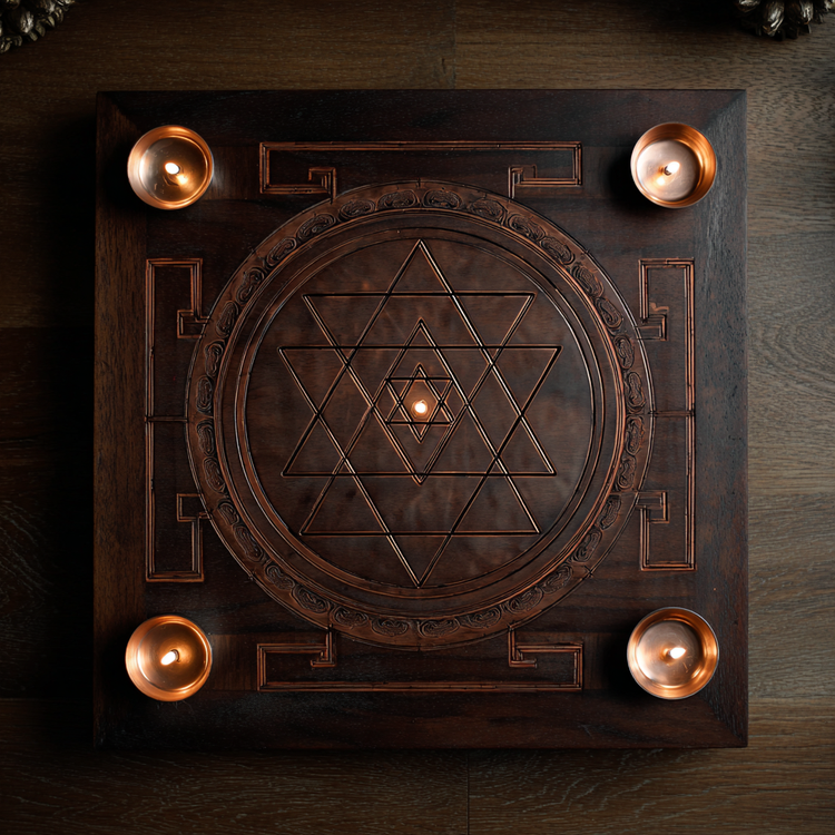 Classic Sri Yantra in burnished copper on dark teak wood, surrounded by gentle circle of small ghee lamps, warm golden flame light reflecting on intersecting triangles and bindu, timeless contemplative depth, copper, teak, and rich amber glow