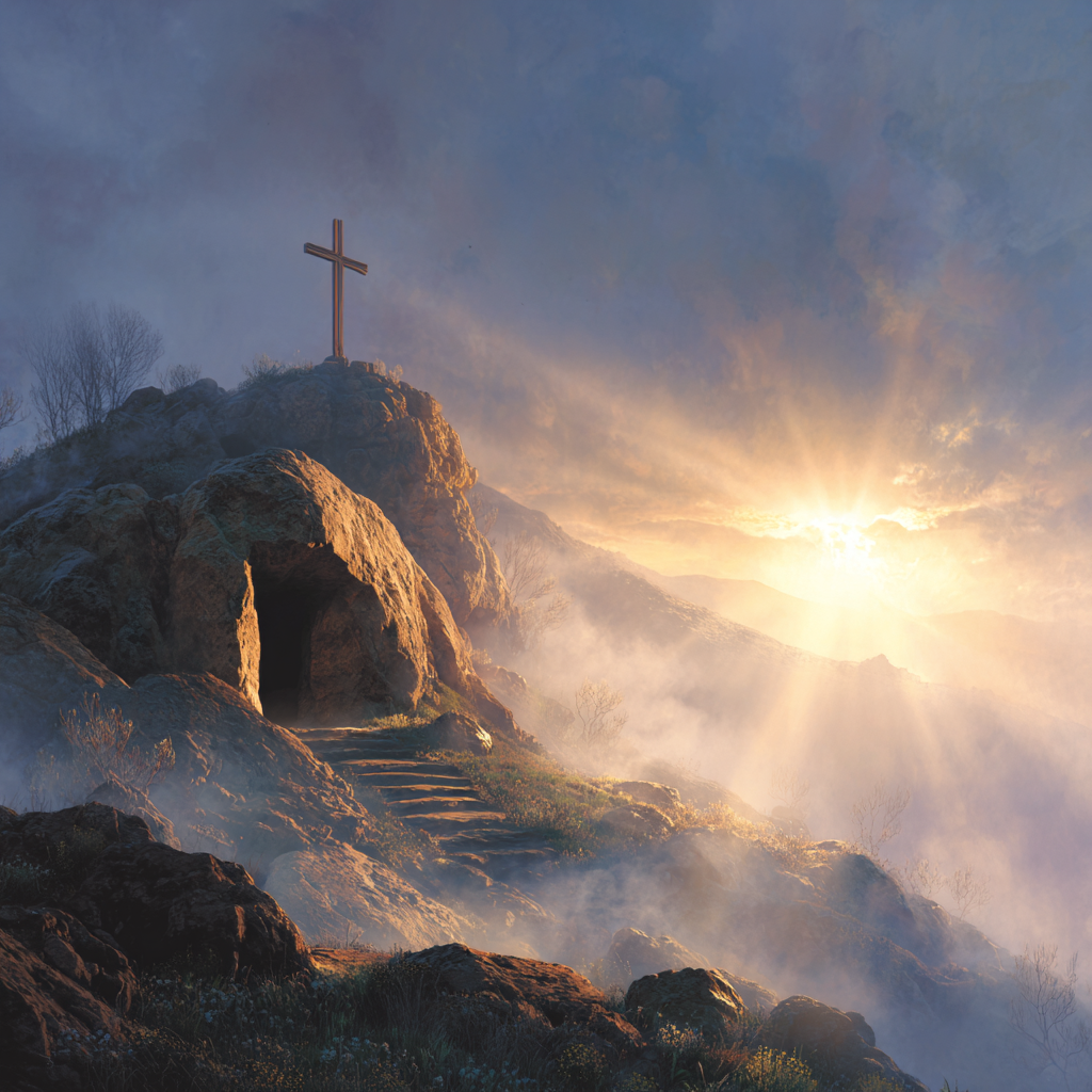 Distant view of a low rocky hill at dawn, open empty tomb carved into side, tall cross standing on summit above it, golden sunrise rays piercing mist to light both symbols, serene contemplative resurrection hope