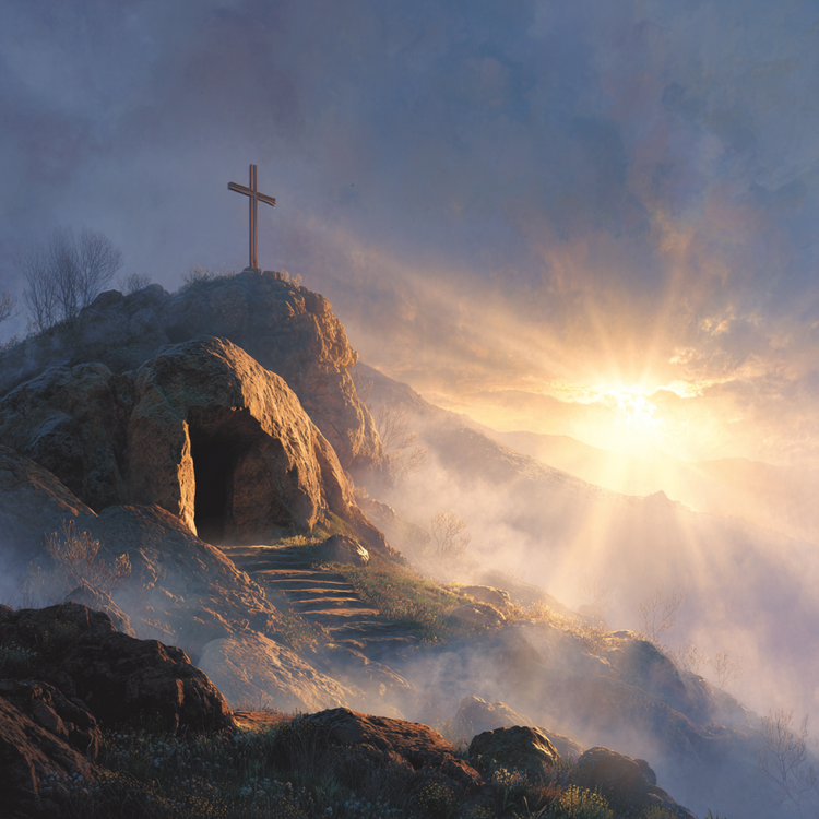 Distant view of a low rocky hill at dawn, open empty tomb carved into side, tall cross standing on summit above it, golden sunrise rays piercing mist to light both symbols, serene contemplative resurrection hope