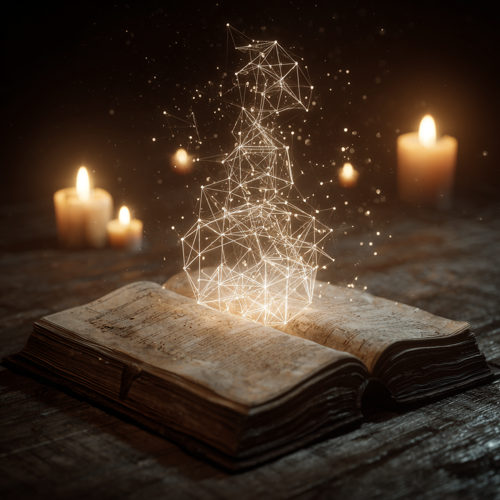 Open ancient tome with pages of pure white light, ink forming ontological questions that rise as glowing geometric forms into the air, Spinoza's substance monism subtly etched in background, warm candlelit mystical atmosphere