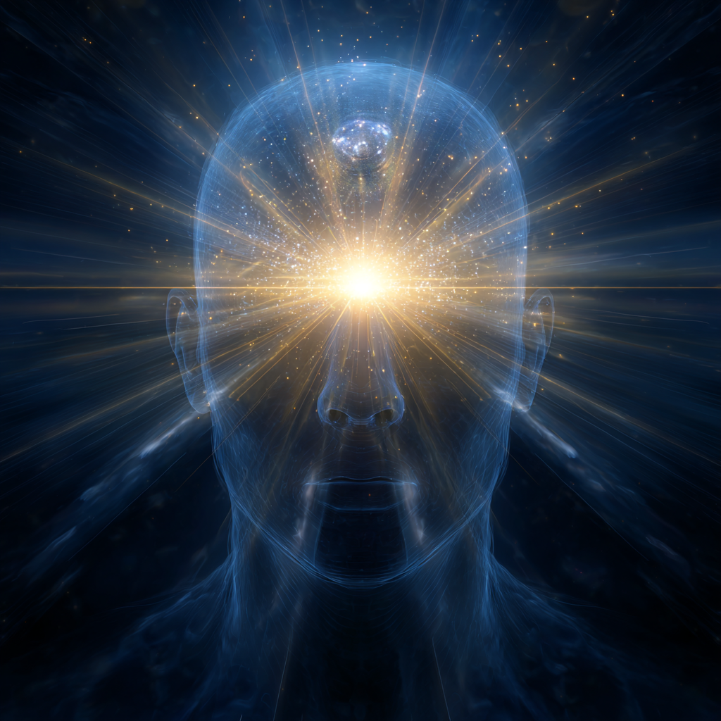 A radiant third eye glowing at the center of a translucent human silhouette, beams of golden knowledge piercing through layers of doubt and illusion, faint Cartesian doubt shadows fading, deep indigo background with ethereal light particles.
