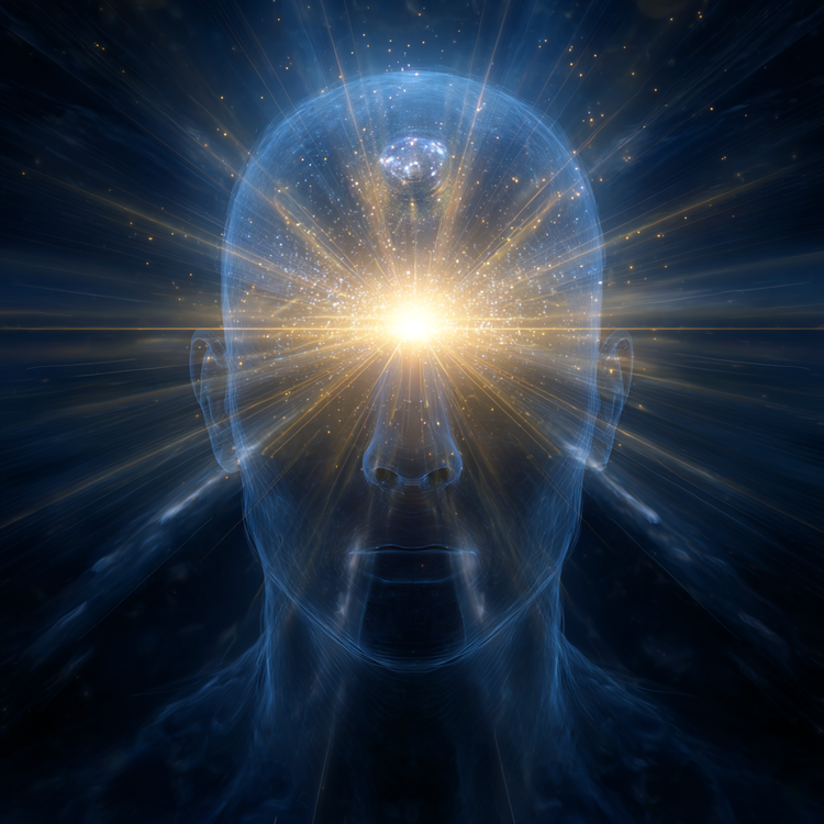 A radiant third eye glowing at the center of a translucent human silhouette, beams of golden knowledge piercing through layers of doubt and illusion, faint Cartesian doubt shadows fading, deep indigo background with ethereal light particles.