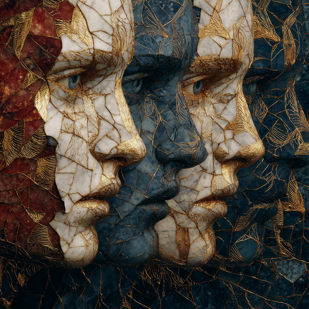 Shattered mirror reflecting fragmented faces of thinkers in eternal recurrence, Nietzschean motifs of eagles and serpents subtly etched in gold cracks, deep indigo and crimson tones, surreal contemplative mood evoking the weight of becoming