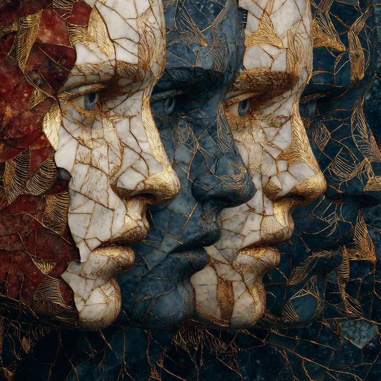 Shattered mirror reflecting fragmented faces of thinkers in eternal recurrence, Nietzschean motifs of eagles and serpents subtly etched in gold cracks, deep indigo and crimson tones, surreal contemplative mood evoking the weight of becoming