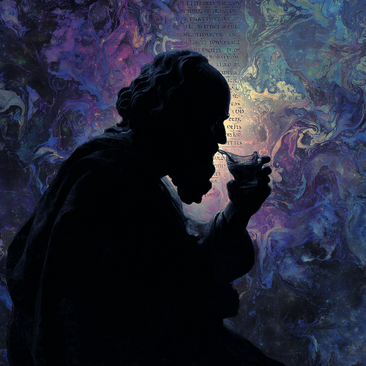 Ethereal silhouette of Socrates drinking hemlock against a backdrop of swirling cosmic patterns and faint philosophical quotes in archaic script, dramatic yet serene, high contrast chiaroscuro with mystical undertones