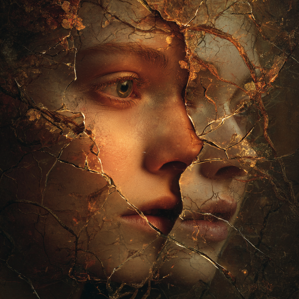 Surreal cracked portrait of a young woman’s face emerging through shattered glass-like texture, golden veins and roots weaving across fragmented features, symbolizing depth psychology, unconscious layers, and inner fragmentation