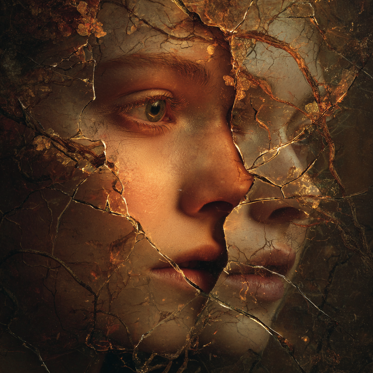 Surreal cracked portrait of a young woman’s face emerging through shattered glass-like texture, golden veins and roots weaving across fragmented features, symbolizing depth psychology, unconscious layers, and inner fragmentation