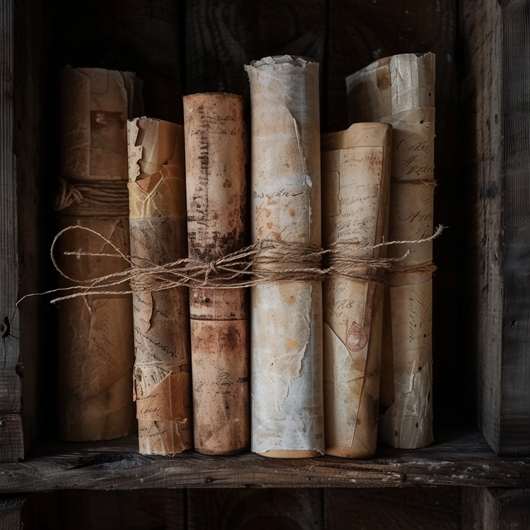Bundle of ancient rolled parchment scrolls tied with twine, aged and weathered in a wooden box, evoking sacred religious texts and historical spiritual wisdom