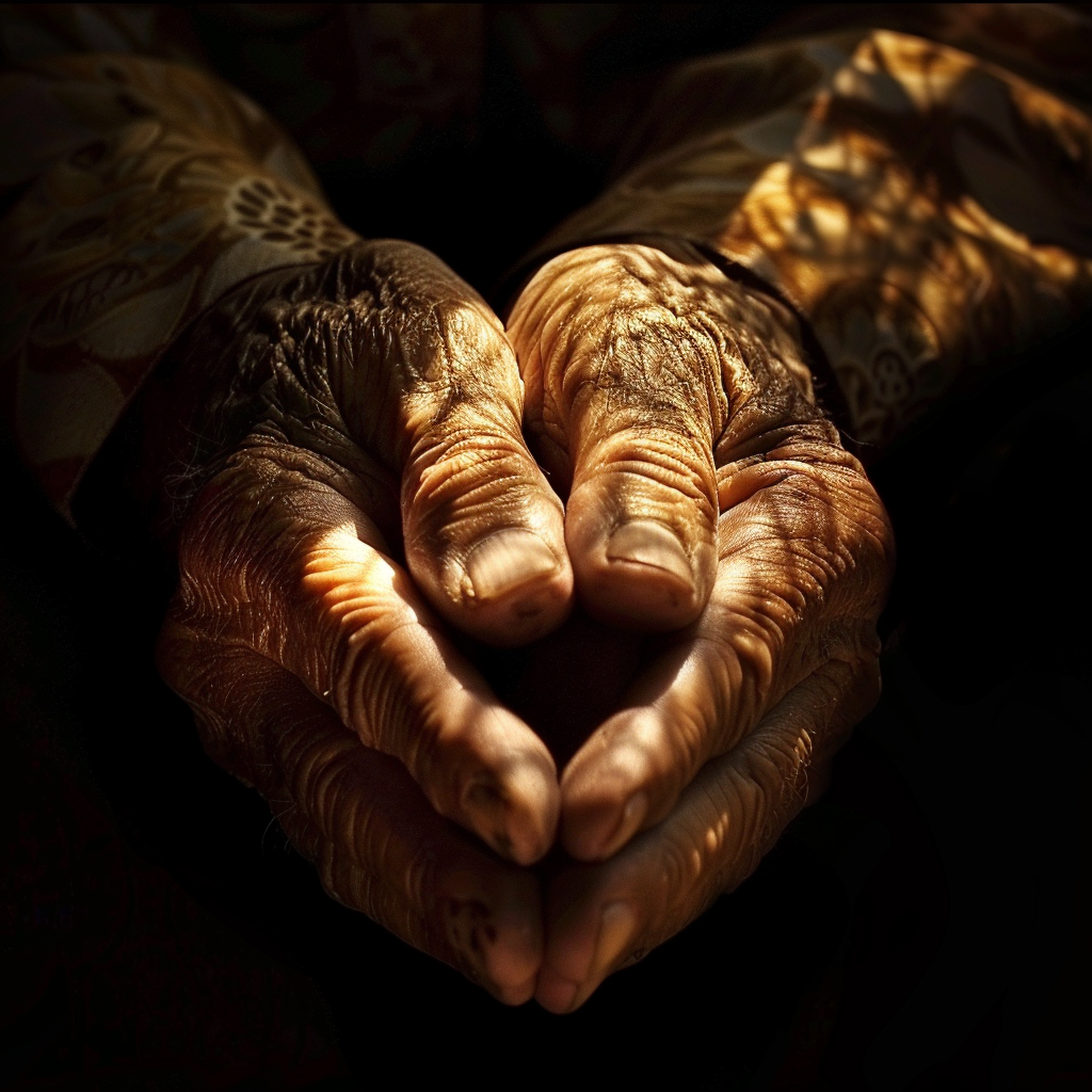 Weathered hands folded in prayer, soft divine light illuminating from above, mystical contemplation, sacred silence, interior devotion, warm golden glow, spiritual depth, contemplative life, timeless and reverent, intimate and profound atmosphere