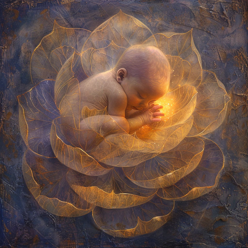 Sleeping infant cradled within luminous golden lotus petals against a textured blue background, symbolizing innocence, potential, and spiritual awakening in early human development
