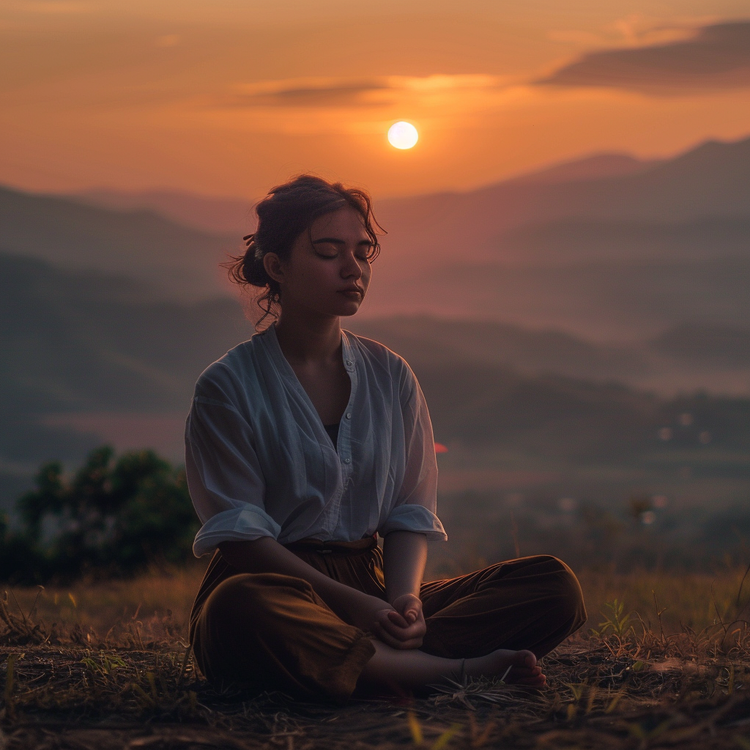 Serene young woman meditating in lotus pose on grassy hill at sunset, eyes closed in peaceful contemplation, warm orange sky and distant mountains, symbolizing humanistic and transpersonal psychology, self-actualization, and inner peace
