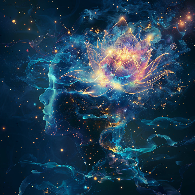 Ethereal silhouette of human head with blooming pink lotus flower and vibrant cosmic light particles inside, symbolizing consciousness awakening and contemplative psychology