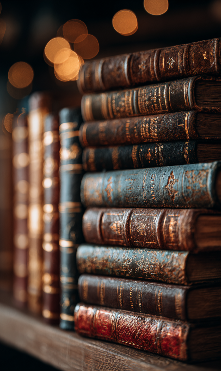 Close-up of antique leather-bound books stacked on wooden shelf, warm golden bokeh lights creating cozy timeless library atmosphere
