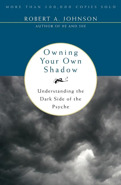 Book cover of Owning Your Own Shadow by Robert A. Johnson: dramatic stormy gray clouds background with teal circle title 'Understanding the Dark Side of the Psyche
