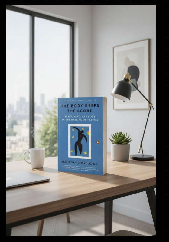 The Body Keeps the Score by Bessel van der Kolk displayed on minimalist desk with coffee, plant, and natural light, creating contemplative reading environment