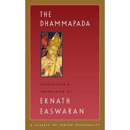 Book cover of The Dhammapada translated by Eknath Easwaran: deep red background with gold border and central framed Buddha illustration, a classic of Indian spirituality
